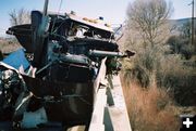 Semi on guard rail. Photo by Wyoming Highway Patrol.