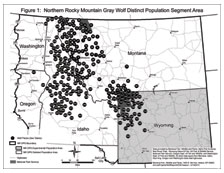 Northern Rocky Mountain Gray Wolf Distinct Population Segment Map. Click for larger image