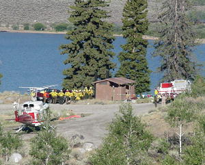 Half Moon fire helibase on the Half Moon Lake boat dock area