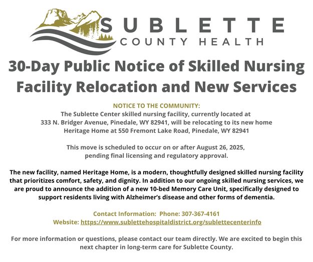 30 Day Public Notice of Move. Photo by Sublette County Health.